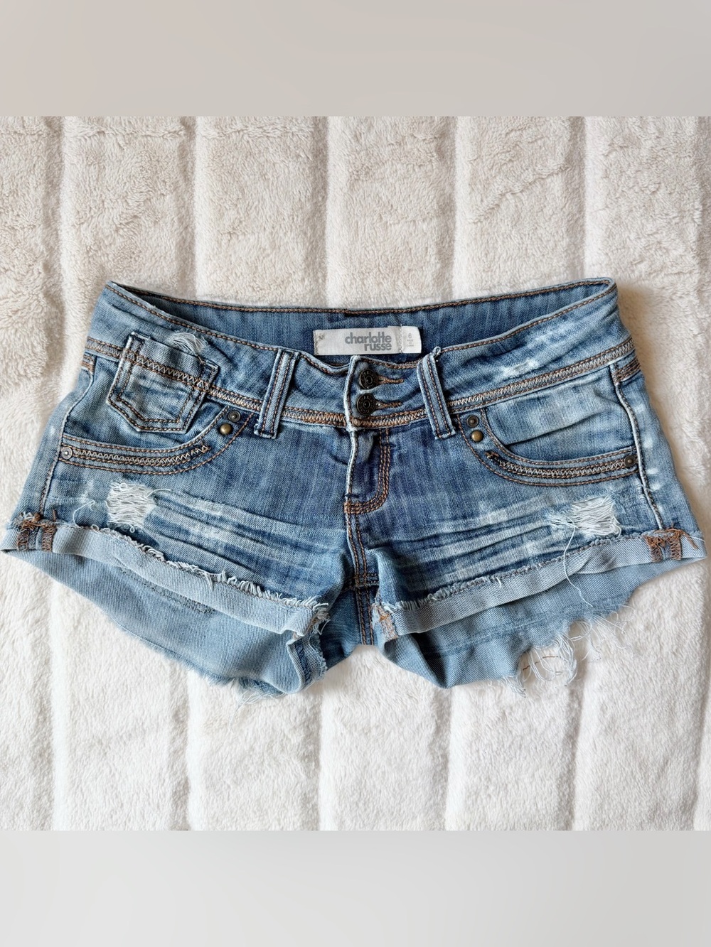 Y2K Charlotte Russe Low Rise Mini Denim Shorts Embroidered Distressed Size 6